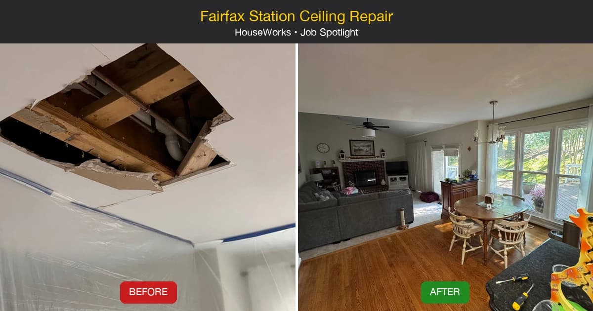Before and after: a water-damaged ceiling hole repaired to a smooth finished ceiling in a Fairfax Station, VA home — HouseWorks water damage repair.